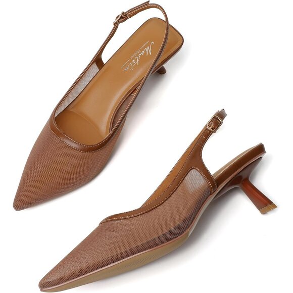 Mostrin Kitten Heel Brown Mesh Low Slingback Heels with Buckle Dress Shoes - Picture 3 of 9